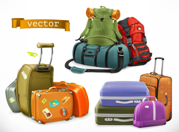 illustrazioni stock, clip art, cartoni animati e icone di tendenza di viaggio. borsa, zaino, valigia - valigia