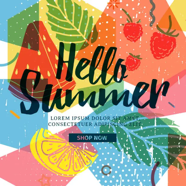 Vector illustration of Design banner for summer season. Abstract geometric background with silhouettes fruit, lemon, strawberry and mint. Text hello summer on grunge modern texture backdrop. Vector