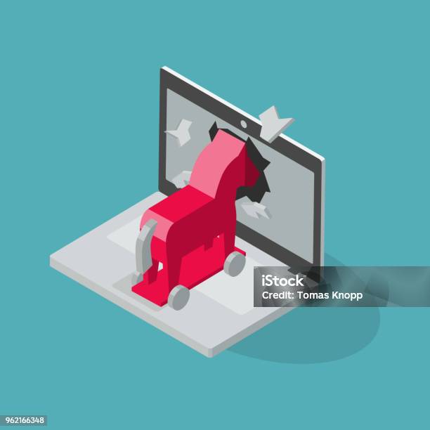 Trojan Virus Vector Symbol With Laptop And Red Trojan Horse Stock Illustration - Download Image Now
