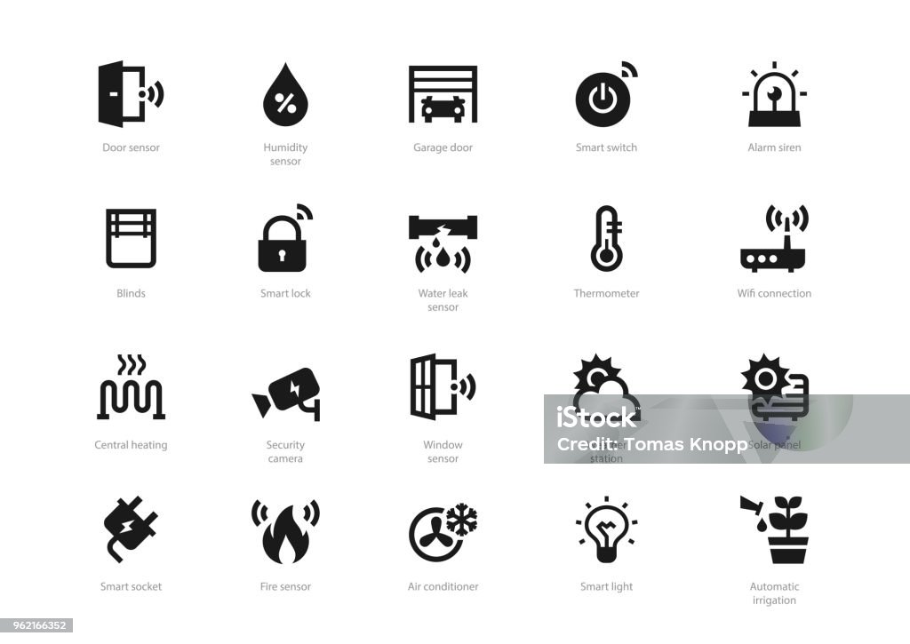 Set of black solid smart home icons Set of black solid smart home icons isolated on light background. Contains such icons Smart lock, Thermometer, Garage door, Air conditioner, Automatic irrigation and more. Icon Symbol stock vector