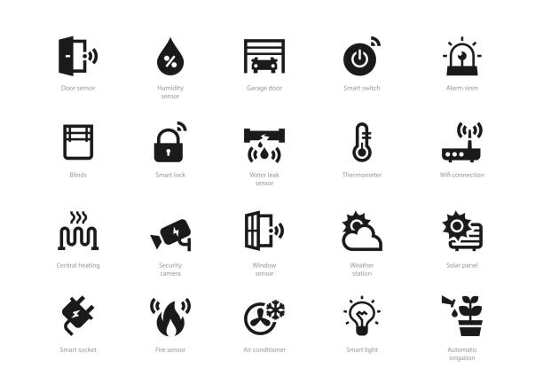 Set of black solid smart home icons Set of black solid smart home icons isolated on light background. Contains such icons Smart lock, Thermometer, Garage door, Air conditioner, Automatic irrigation and more. sensor stock illustrations