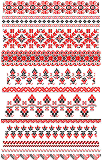 刺繍ステッチ、赤と黒のエスニック パターンのセット - cross stitch点のイラスト素材／クリップアート素材／マンガ素材／アイコン素材