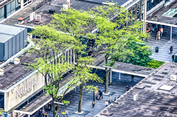 Rotterdam, The Netherlands, May 11, 2018: Aerial view of the trees adorning the Lijnbaan pedestrian shopping street