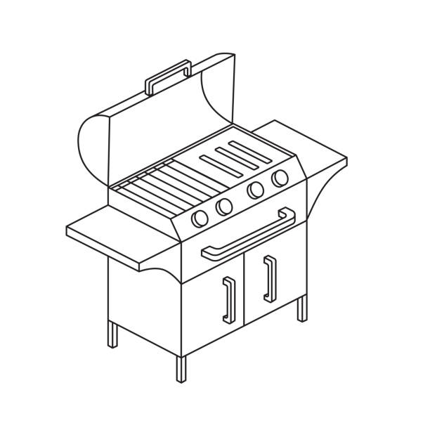 전기 또는 가스 그릴 3 개의 다리에. 바베 큐 세트 중 하나입니다. 휴대 전화 애플 리 케이 션, 포스터, 전단지 벡터 일러스트. - sausage grilled isolated single object stock illustrations