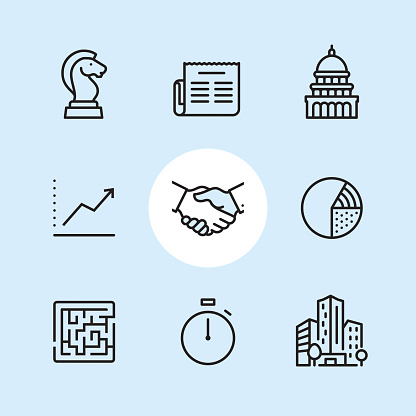 Business / 9 Outline style Pixel Perfect icons / Set #04

First row of outline icons contains: 
Chess Knight, Newspaper icon, Capitol Building - Washington DC.

Second row contains: 
Graph Up, Handshake icon, Pie Chart.

Third row contains: 
Maze icon, Stopwatch, Financial Building.

Pixel Perfect Principle - all the icons are designed in 64x64px grid, outline stroke 2px. Complete Outline 3x3 PRO collection - https://www.istockphoto.com/collaboration/boards/eKCvfOhp3E-XZOE0AIzWqg