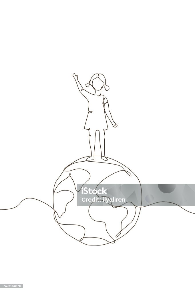 Girl standing on a globe - one line design style illustration Girl standing on a globe - one line design style illustration on white background. A composition with cute child waving her hand. Peace in the world concept Single Line stock vector