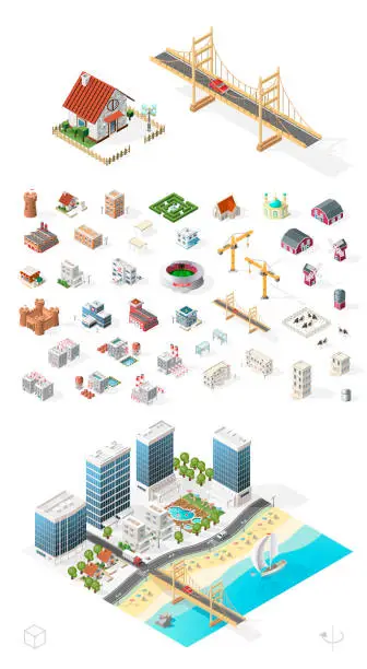 Vector illustration of Set of Isolated High Quality Isometric City Elements on White Background