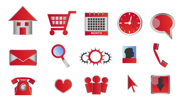 Vector illustration of Vector web and multimedia glossy red icons and buttons