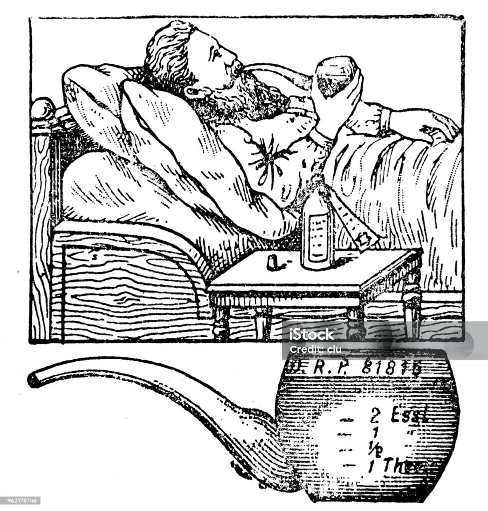 Man lies in bed, smokes a pipe Illustration from 19th century Bed - Furniture stock illustration
