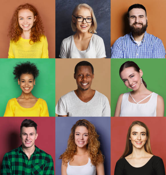 Diverse young people positive emotions set Collage of different happy people. Set of male and female positive portraits. Young people smiling at camera on colorful studio backgrounds multiple image photos stock pictures, royalty-free photos & images
