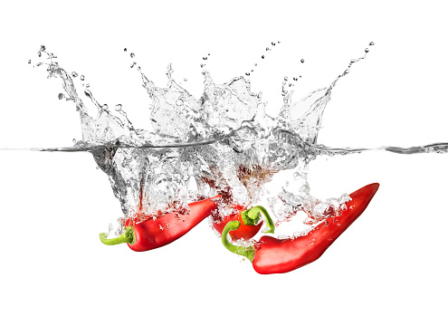 Three bright red, fresh, chilies are splashing into crystal clear water. The smooth red capsicum and water are isolated on a white background with a clipping path. Splashes of water rise high above the chilies as they plunge below the waters surface.