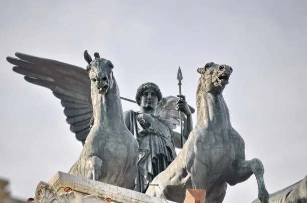 Bronze statue of Winged Victory on Vittoriano Emanuele Monument in central Rome, Italy.