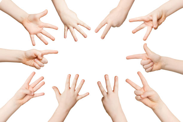 istock Set of white child hands showing figures, counting 962180424