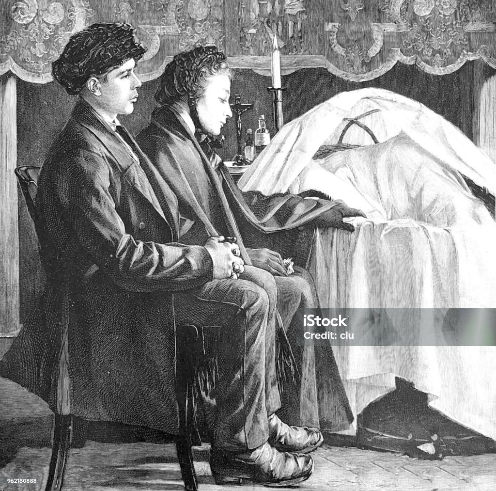 Mourning young couple sitting at the empty cradle of the child Illustration from 19th century Archival stock illustration