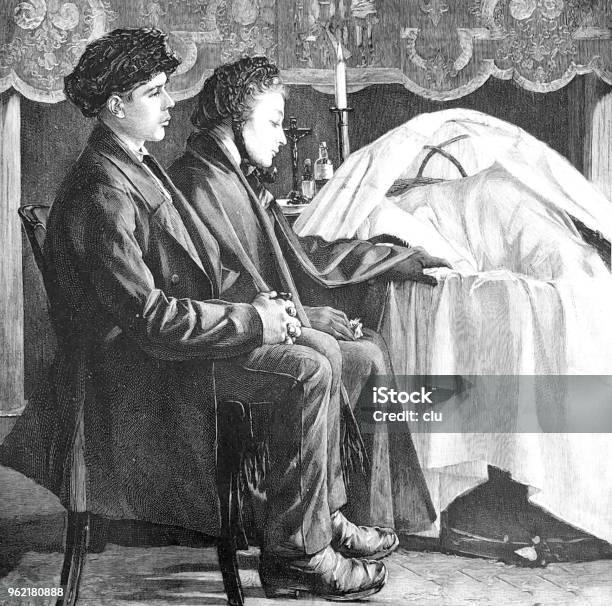 Mourning Young Couple Sitting At The Empty Cradle Of The Child Stock Illustration - Download Image Now