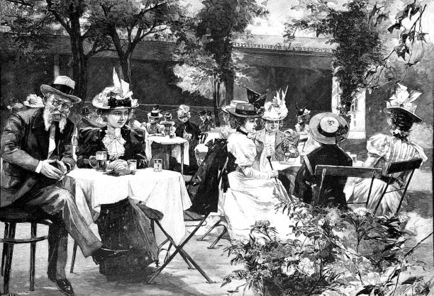 People sitting in a restaurant outdoor Illustration from 19th century beer garden stock illustrations