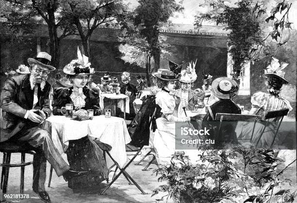 People Sitting In A Restaurant Outdoor Stock Illustration - Download Image Now - Archival, Coffee - Drink, Old-fashioned