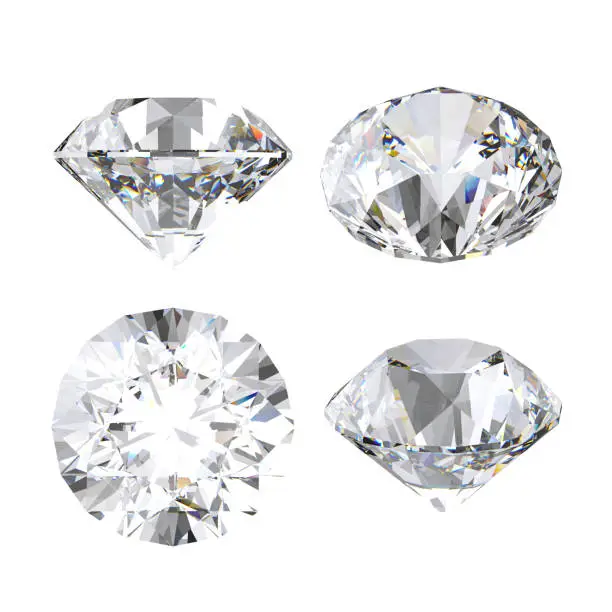 3d render, clear diamond, brilliant, precious gem, jewel icon, perspective view, clip art set, isolated on white background
