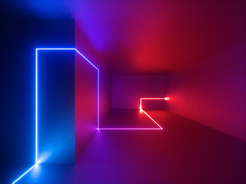 3d render, red blue neon lights indoor, virtual reality, glowing lines, abstract psychedelic background, vibrant colors