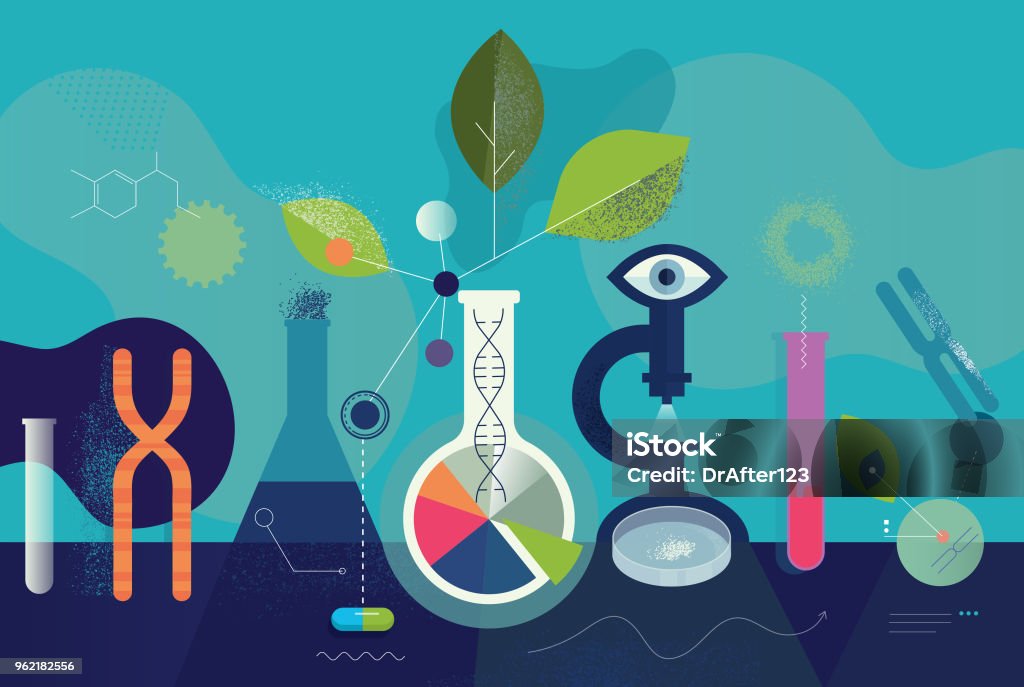 Biomedical Research Laboratory Concept Vector flat style illustration depicting biomedical laboratory research concept including handmade textures. Science stock vector