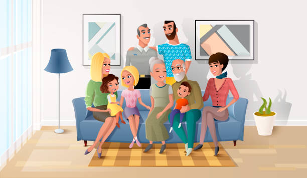 illustrazioni stock, clip art, cartoni animati e icone di tendenza di grande famiglia che trascorre del tempo insieme a home vector - people living room mother son