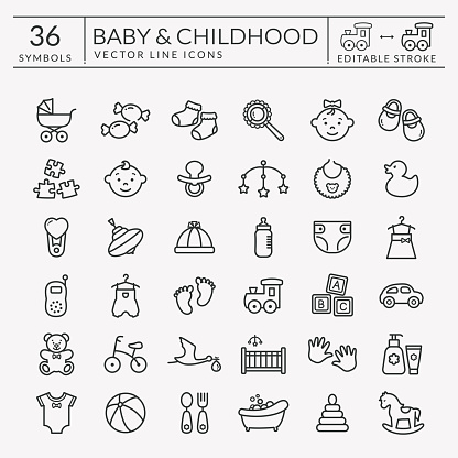 Baby icons set. Outline symbols isolated on white background. Children's toys, food, clothes. Newborn, kid, feeding and care themes. Vector collection. Editable stroke - easy to adjust lines weight.