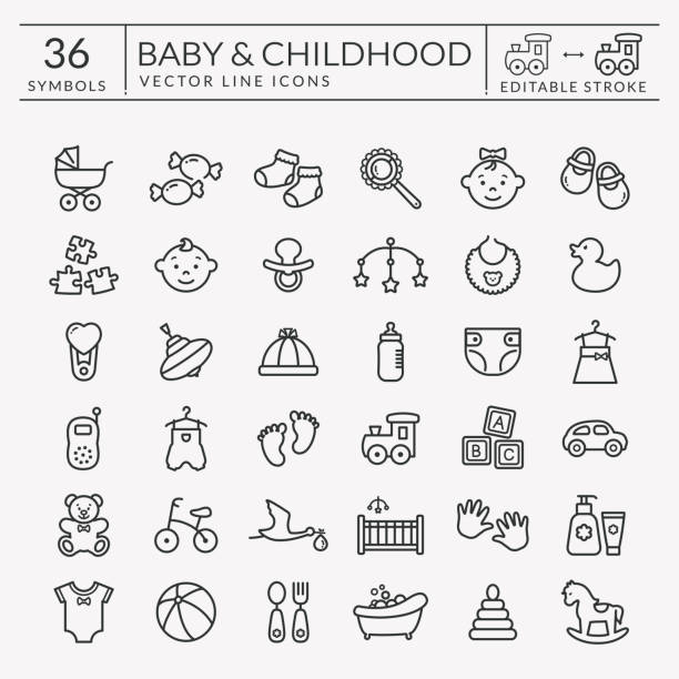 Baby outline icons. Editable stroke. Vector set. Baby icons set. Outline symbols isolated on white background. Children's toys, food, clothes. Newborn, kid, feeding and care themes. Vector collection. Editable stroke - easy to adjust lines weight. toy stock illustrations