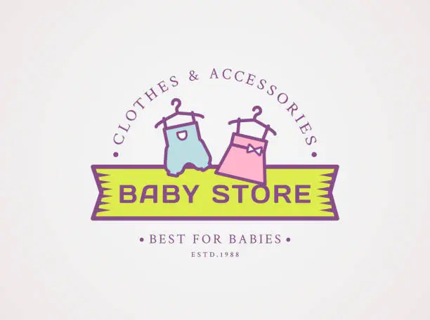 Vector illustration of Baby shop emblem. Vector symbol with children's clothes.