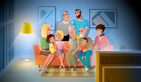 Big Family Evening Meeting At Home Vector Concept Stock Illustration -  Download Image Now - Watching TV, Family, Happiness - iStock