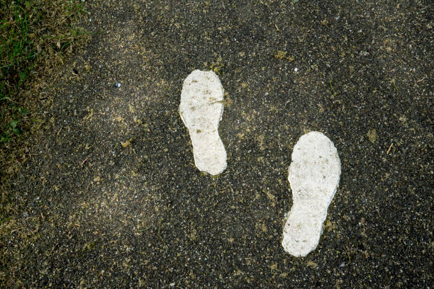 istock white painted foot print on asphalt road 962191634
