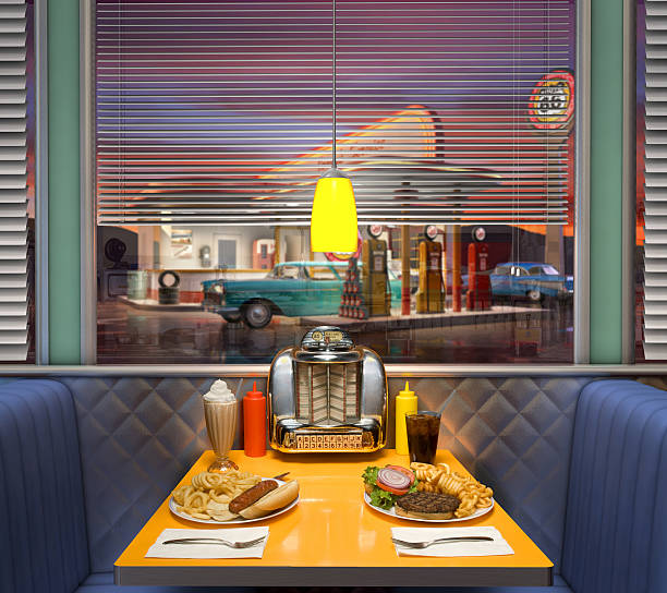 interiores retrô diner - hot dog snack food ketchup - fotografias e filmes do acervo