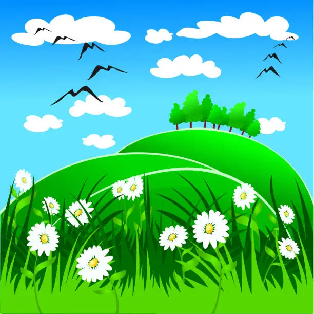 Vector illustration of Landscape with trees, lawn, flowers