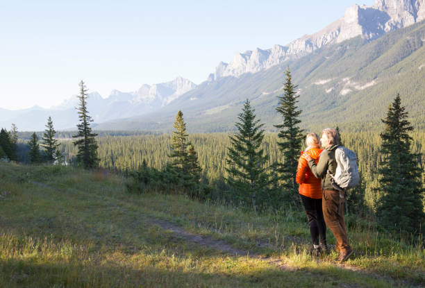 istock Hiking couple follow trail through mountain meadow 962199362