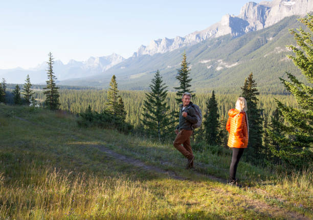 istock Hiking couple follow trail through mountain meadow 962200102