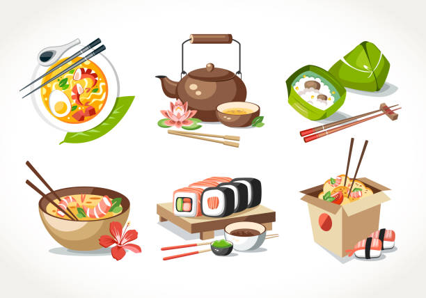 asiatische küche laksa suppe tee topf zeremonie mytisches sushi nudeln chinesische japanische thai speisen - sushi japan restaurant food stock-grafiken, -clipart, -cartoons und -symbole
