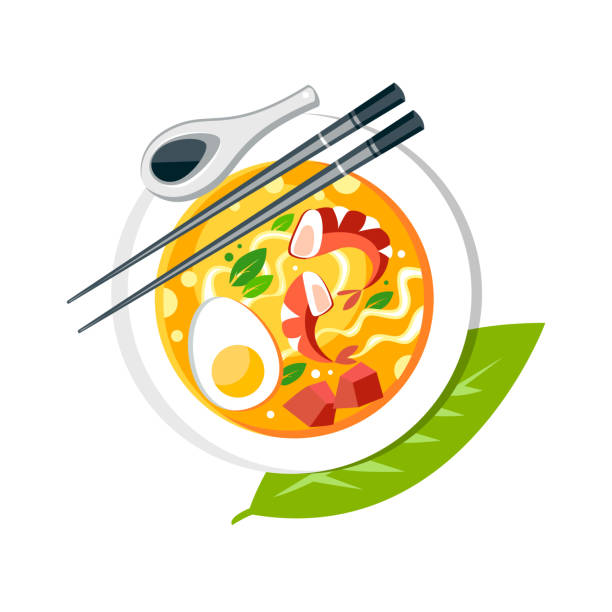 Laksa soup with noodles shrimps fish egg chopsticks spoon bamboo leaf traditional asian cuisine food dish Laksa soup with noodles shrimps fish egg chopsticks spoon bamboo leaf traditional asian cuisine food dish assam stock illustrations