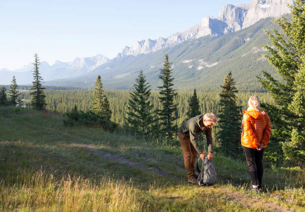 istock Hiking couple follow trail through mountain meadow 962202598