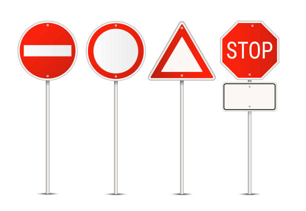 Vector set of restriction red and white traffic signs isolated on white background Vector set of restriction red and white traffic signs isolated on white background road sign stock illustrations