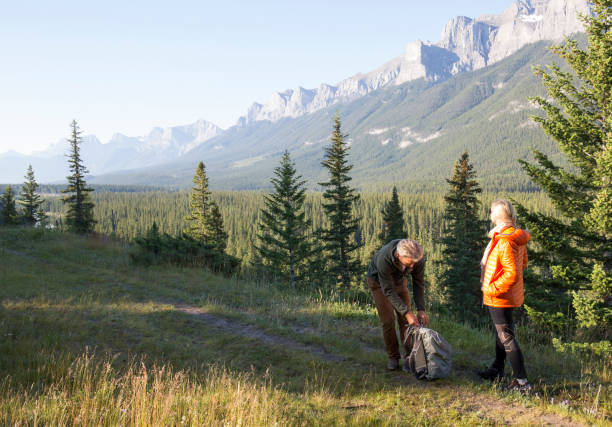 istock Hiking couple follow trail through mountain meadow 962209810