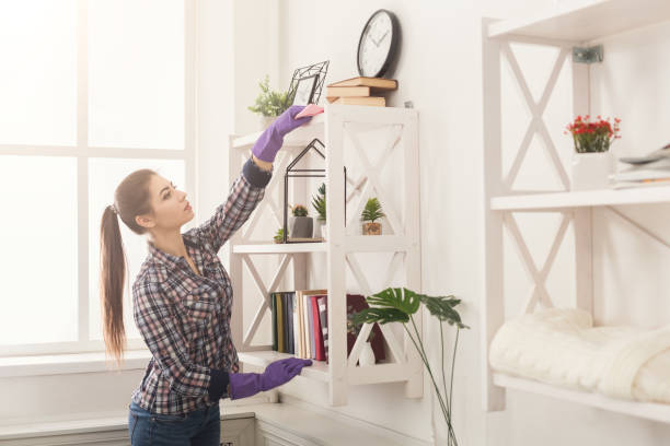 Woman cleaning dust from bookshelf Woman cleaning dust from bookshelf. Young girl sweeping shelf, spring cleaning concept, copy space tidy room stock pictures, royalty-free photos & images