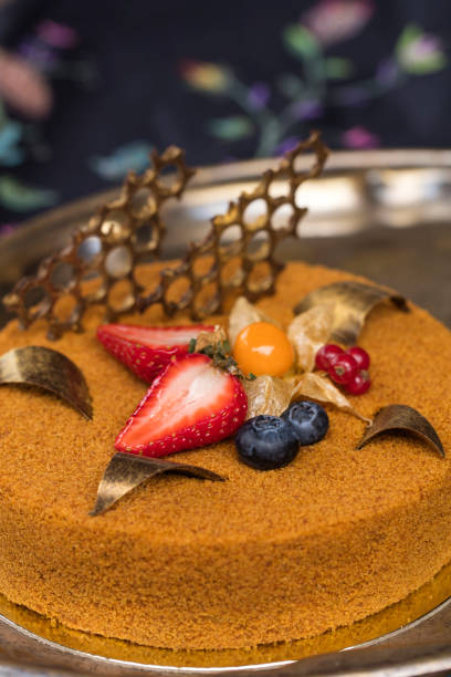 istock Delicious honey cake, decorated with fresh berries 962214544