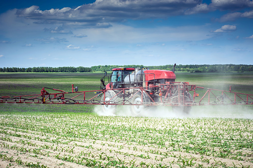 Vinnitsa/Ukraine - 05/22/2018: self-propelled sprayer makes herbicide on the field of young corn