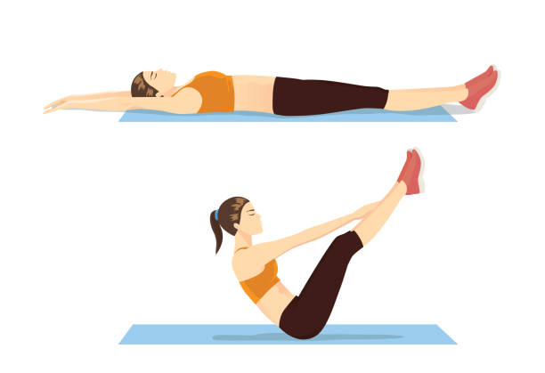 ilustraciones, imágenes clip art, dibujos animados e iconos de stock de mujer mostrando el paso de entrenamiento abdominal con ejercicio v-ups. - corte abs en v