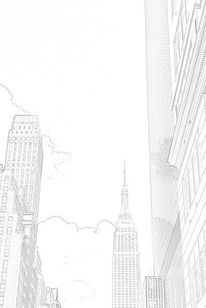 Empire State building line drawing toned image from a photograph.