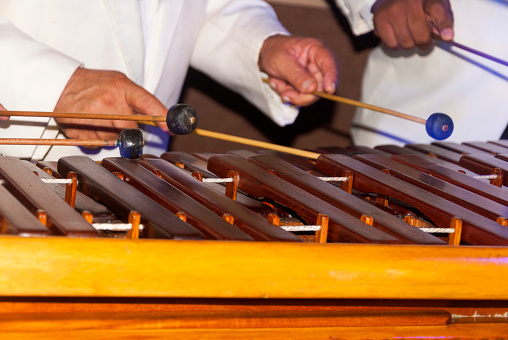 Close-up shot of a marimba or Hormigo keyboard. Guatemala. National instrument of Guatemala made with Hormigo wood the marimba keyboard.