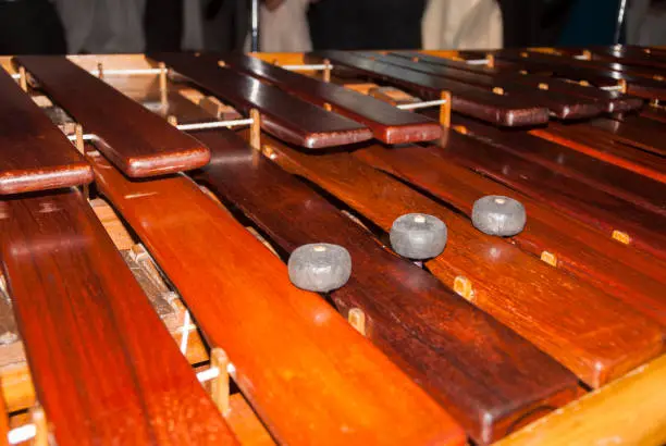 Photo of Close-up shot of a marimba or Hormigo keyboard. Guatemala. National instrument of Guatemala made with Hormigo wood the marimba keyboard.