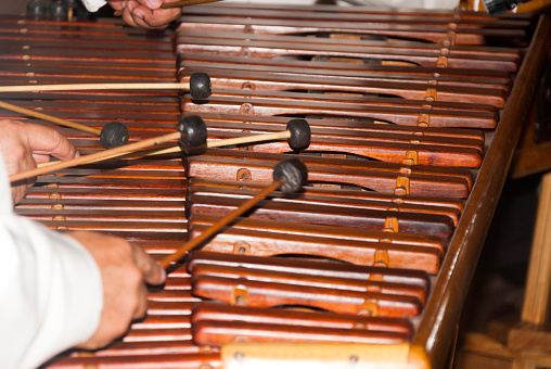 Close-up shot of a marimba or Hormigo keyboard. Guatemala. National instrument of Guatemala made with Hormigo wood the marimba keyboard.