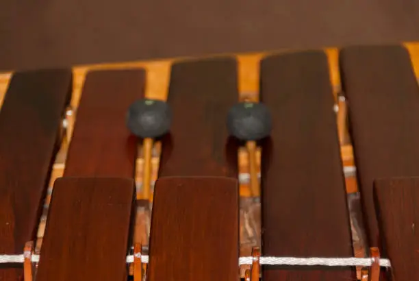 Photo of Close-up shot of a marimba or Hormigo keyboard. Guatemala. National instrument of Guatemala made with Hormigo wood the marimba keyboard.