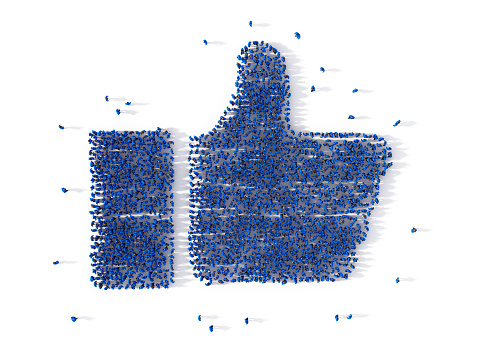 Large group of people forming a thumb up icon on white. Social media concept. 3d illustration