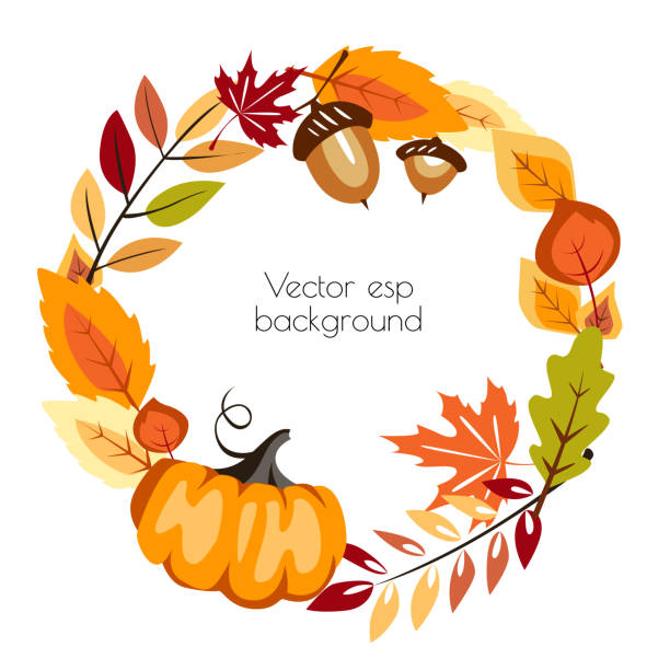 ilustraciones, imágenes clip art, dibujos animados e iconos de stock de otoño fondo redondo con amarillo hojas de calabaza y símbolos de otoño - oak leaf oak tree acorn season